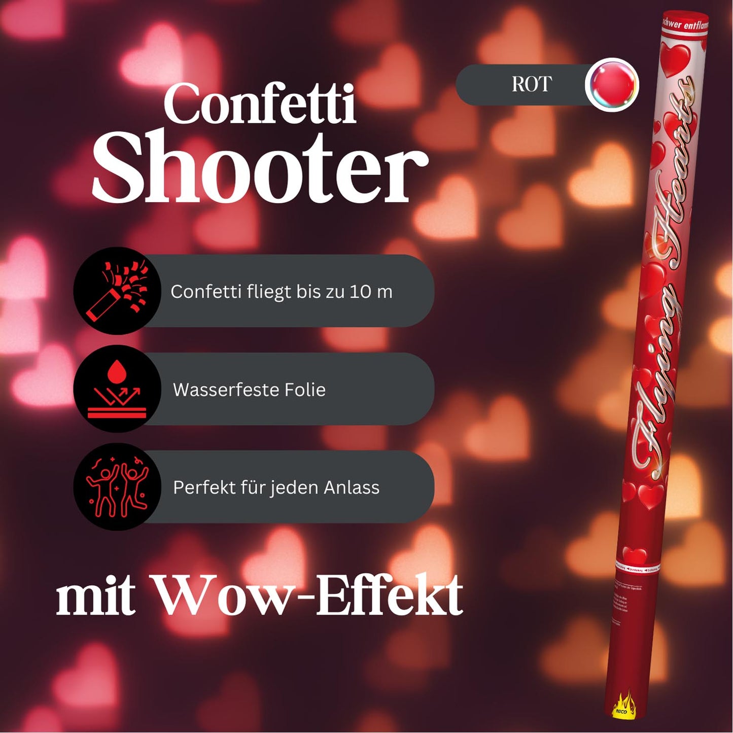 NICO Confetti-Shooter 80 cm, Rote Herzen - 2 Rollen