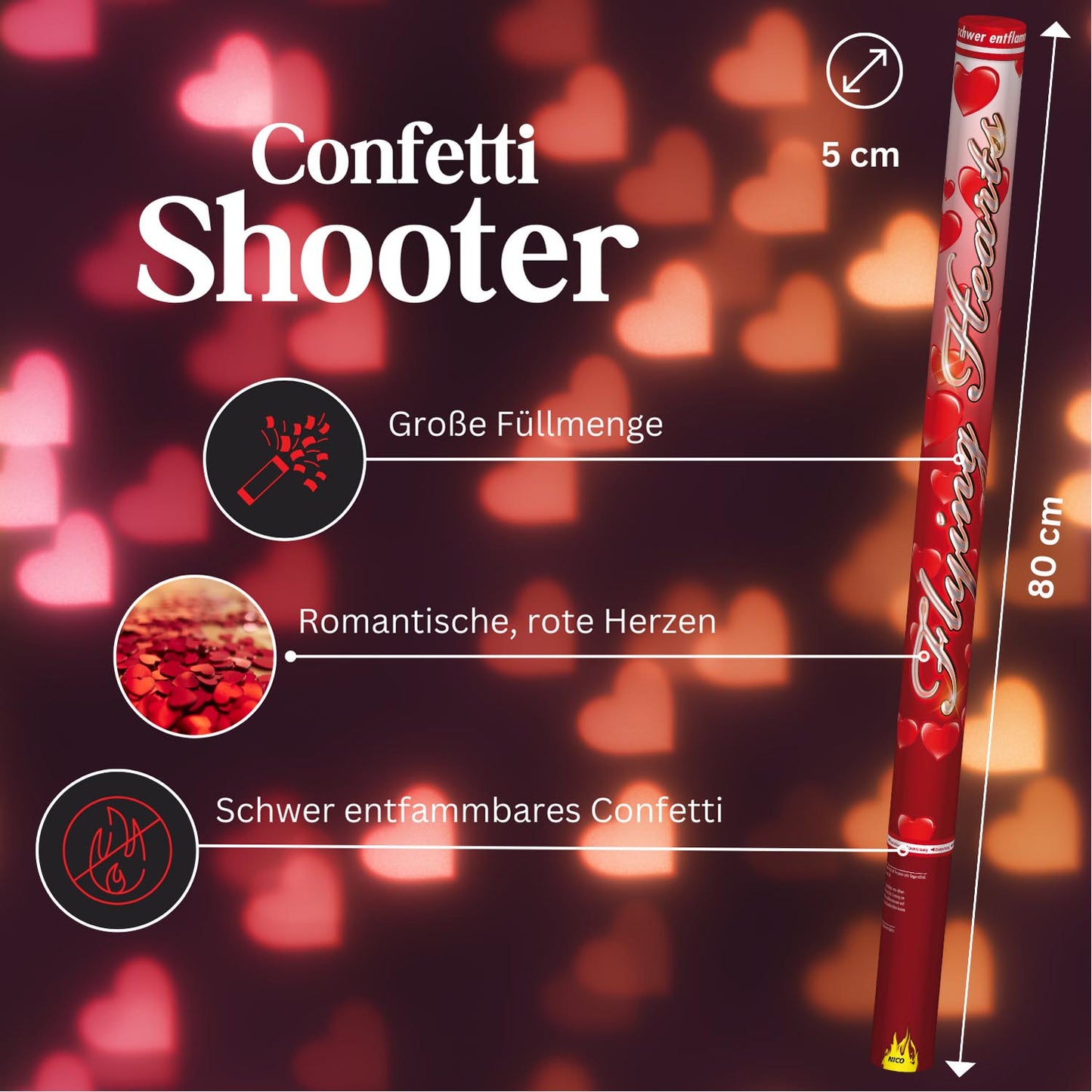 NICO Confetti-Shooter 80 cm, Rote Herzen - 2 Rollen