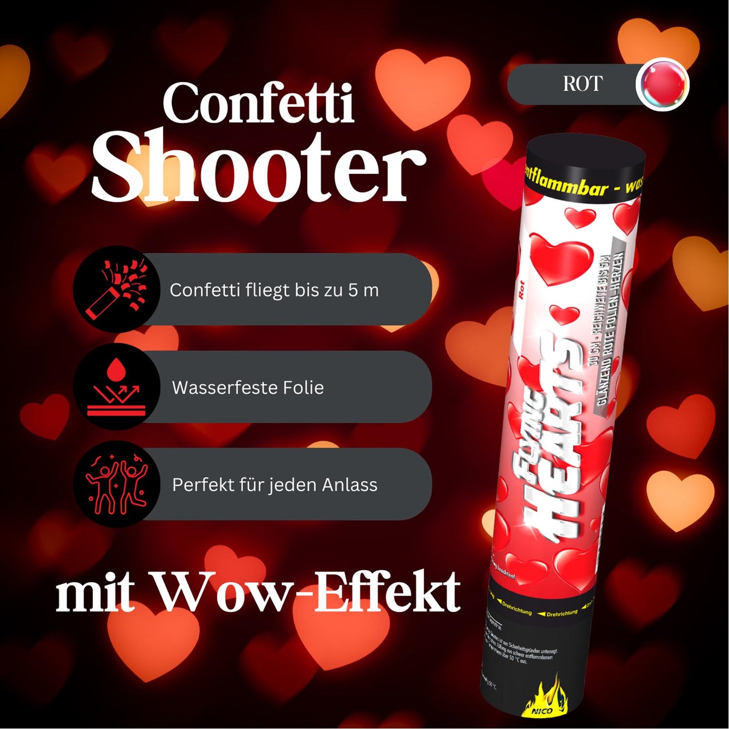 NICO Confetti-Shooter 30 cm, Rot Herzen - 2 Rollen