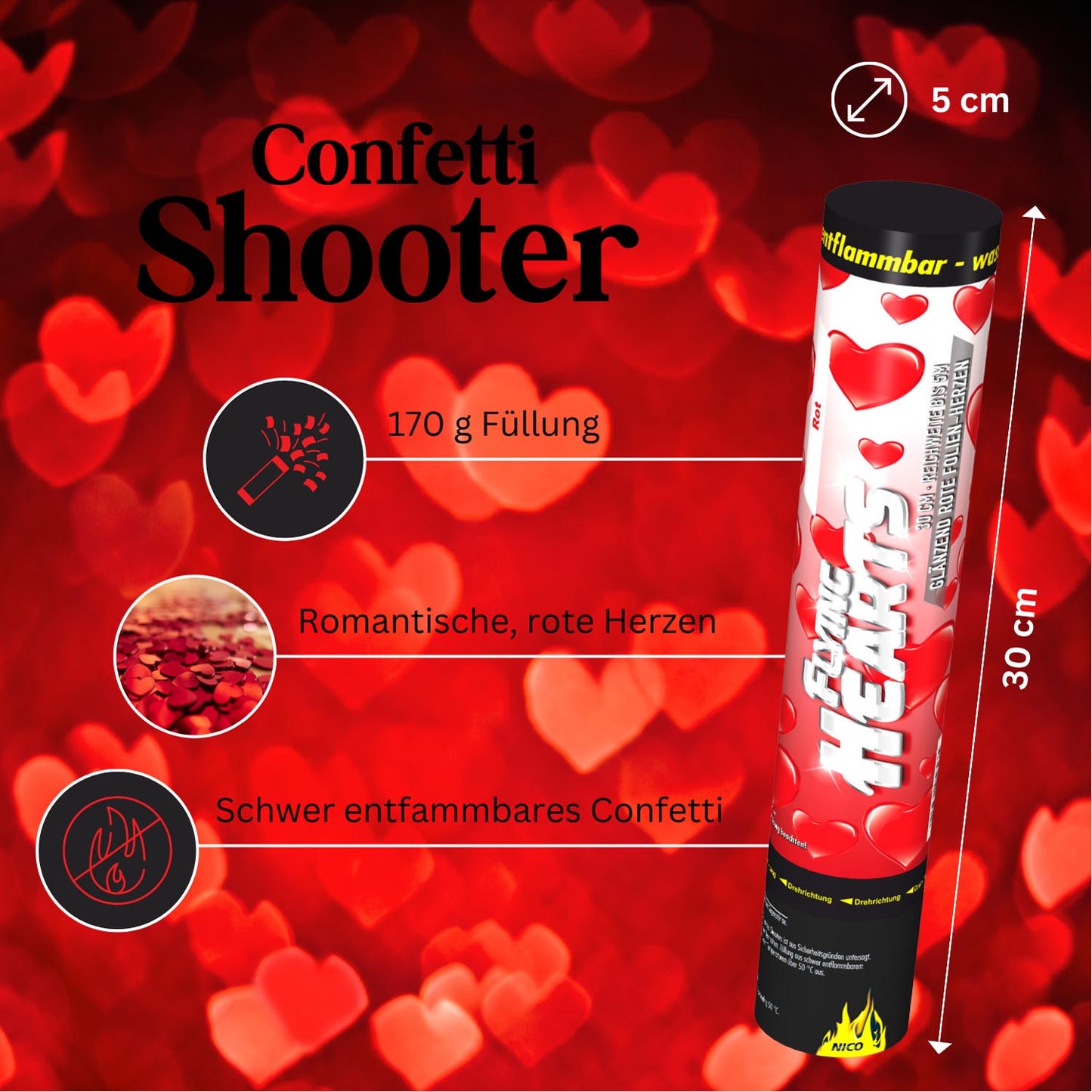 NICO Confetti-Shooter 30 cm, Rot Herzen - 2 Rollen