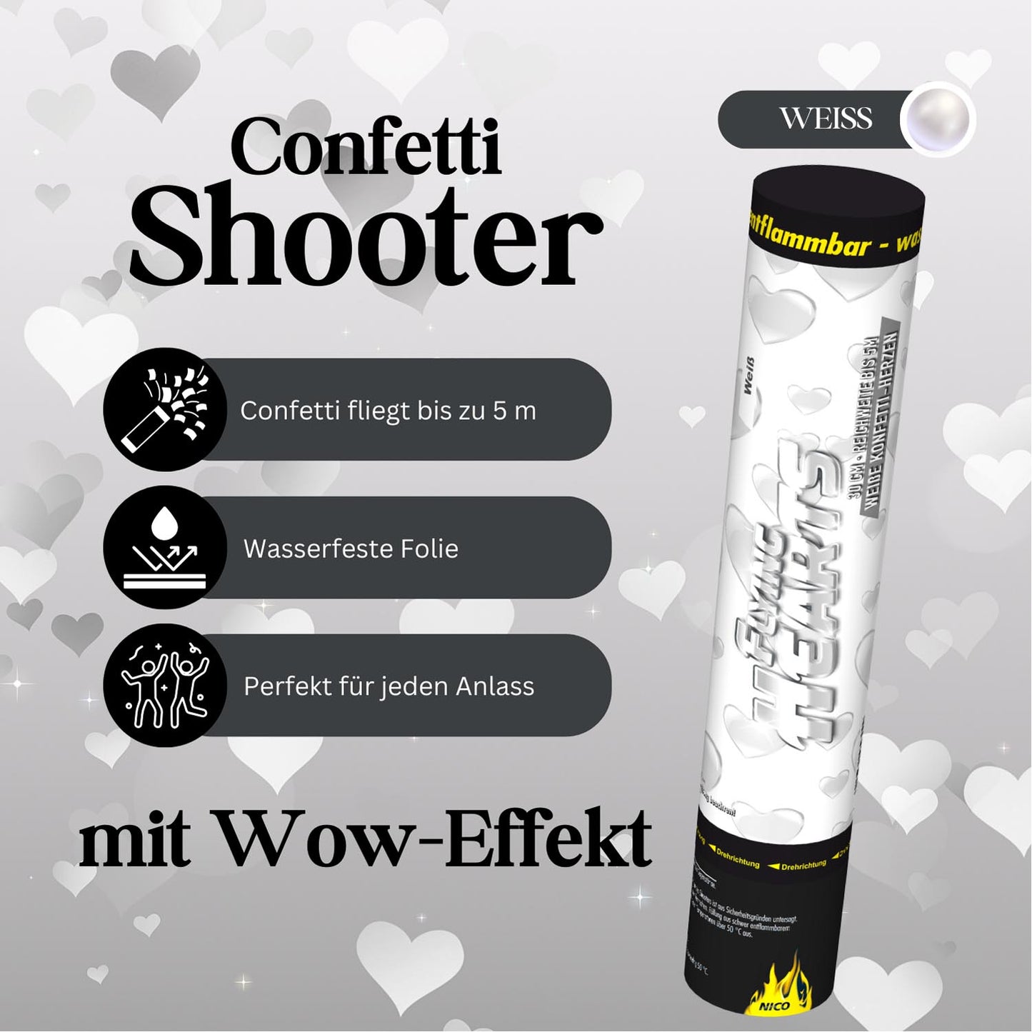 NICO Confetti-Shooter 30 cm, Herzen Weiß- 2 Rollen