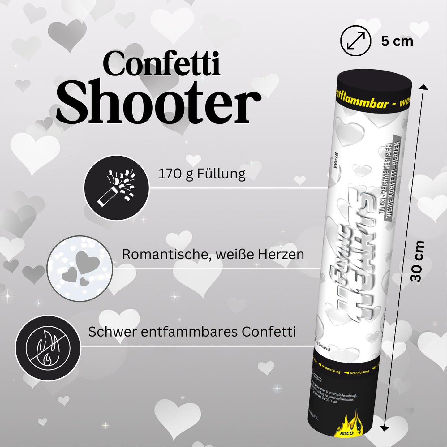 NICO Confetti-Shooter 30 cm, Herzen Weiß- 2 Rollen